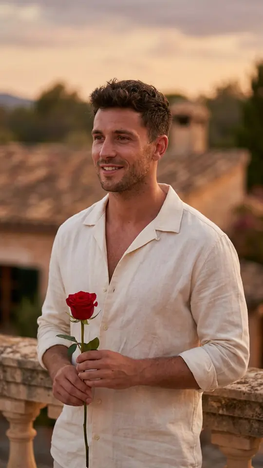 Adrian holds a single red rose on a terrace at sunset.