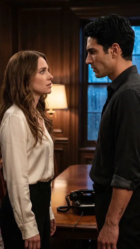 Mara and Dante face each other in a wood-panelled study at night.